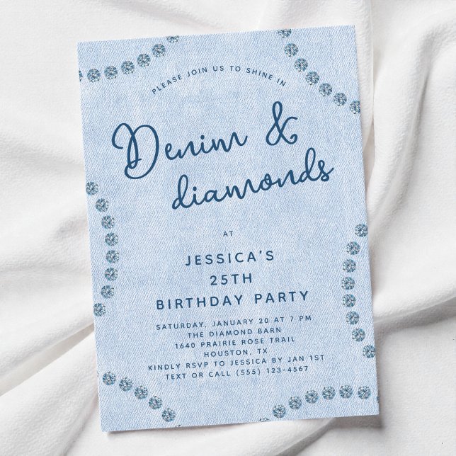 Invitation Blue Jeans Denim et Diamonds 25e anniversaire fête (Blue Jeans Denim and Diamonds 25th Birthday Party Invitation)