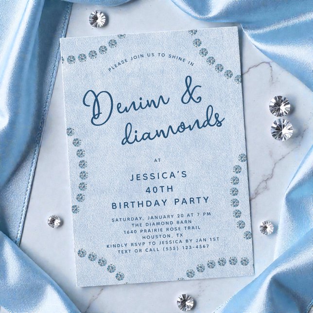 Invitation Blue Jeans Denim et Diamonds 40e fête d'anniversai (Blue Jeans Denim and Diamonds 40th Birthday Party Invitation)