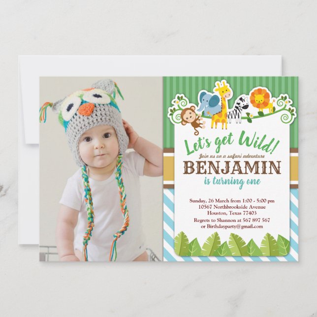 Invitation Blue Jungle Safari Zoo animal Anniversaire Photo (Devant)