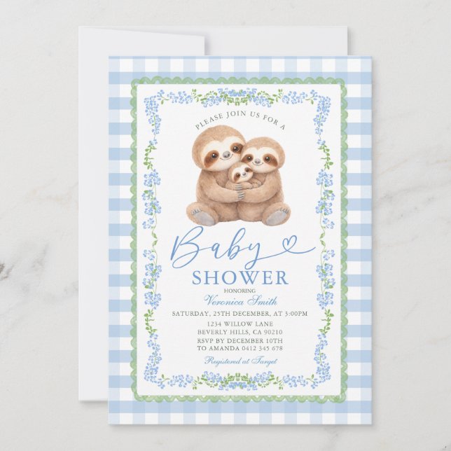 Invitation Blue Jungle Watercolor Sloth Baby Shower (Devant)