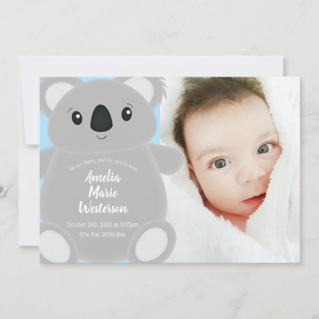 Invitation Blue Koala Bear Baby shower (Devant)