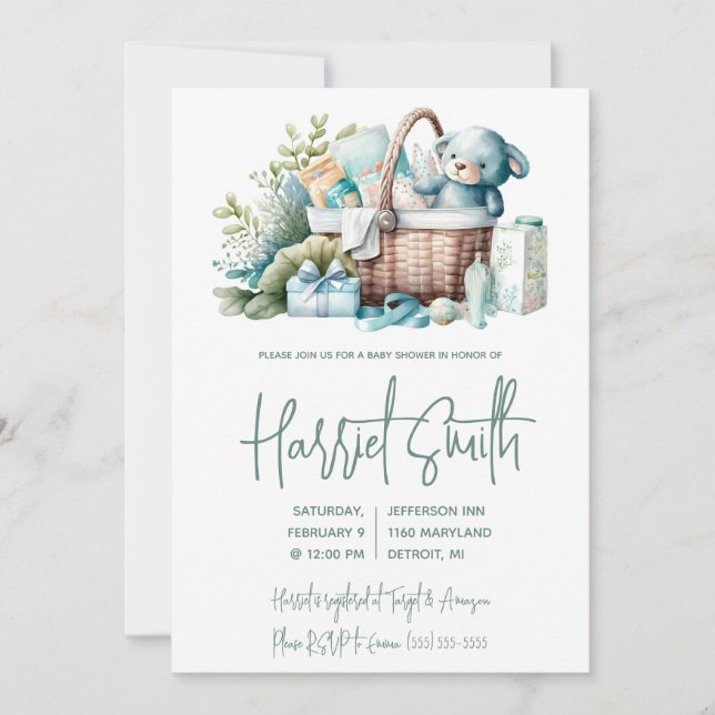 Invitation Blue Layette, Gift Basket, Baby Boy Shower (Devant)
