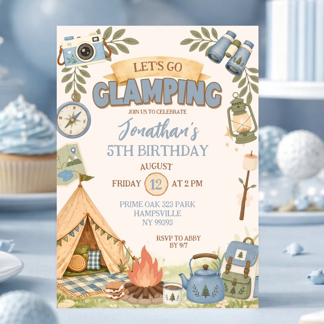 Invitation Blue Let's Go Fête d'anniversaire Glamping (Créateur téléchargé)