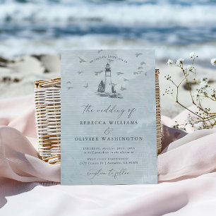 Invitation Blue Lighthouse & Seagulls Nautical Beach Wedding
