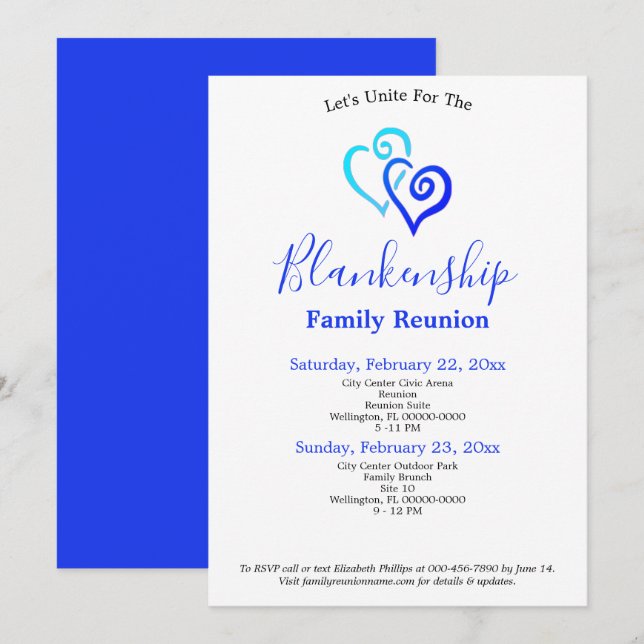Invitation Blue Linked Hearts Famille Modèle de réunion (Devant / Derrière)