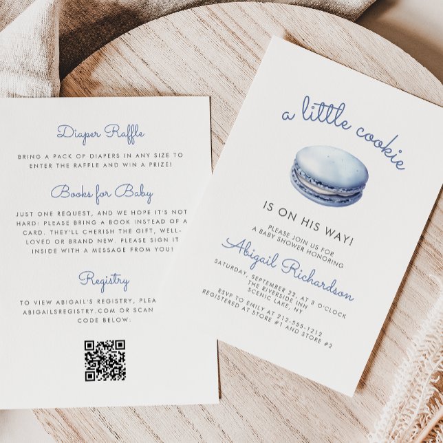 Invitation Blue Little Cookie Macaron QR Code Boy Baby Shower (Créateur téléchargé)