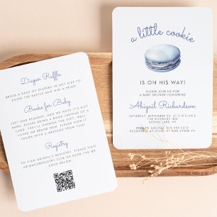 Invitation Blue Little Cookie Macaron QR Code Boy Baby shower