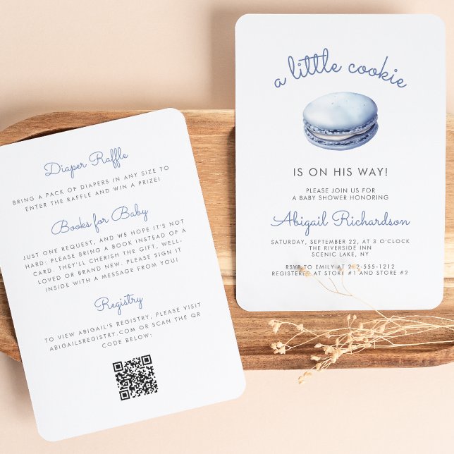 Invitation Blue Little Cookie Macaron QR Code Boy Baby shower (Créateur téléchargé)