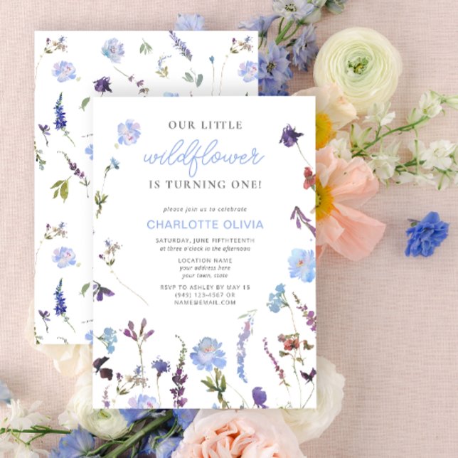 Invitation Blue Little Fleur sauvage Aquarelle 1er anniversai (1st Birthday Invitation)