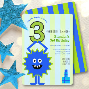 Invitation Blue Little Monster 3e anniversaire garçon amusant