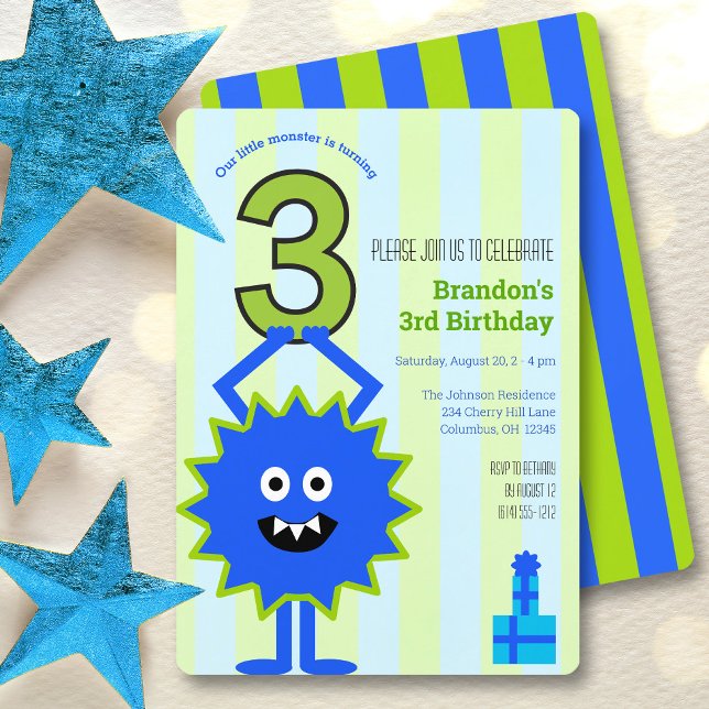 Invitation Blue Little Monster 3e anniversaire garçon amusant (Créateur téléchargé)