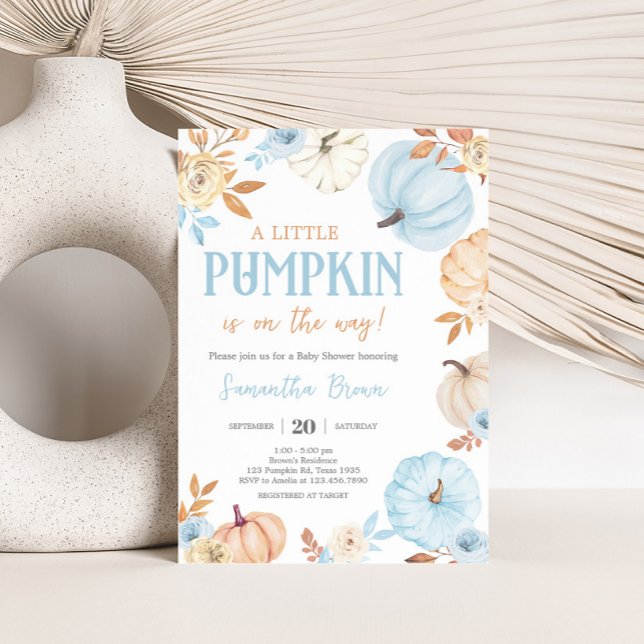 Invitation Blue Little Pumpkin Fall Baby Shower (Boy Little Pumpkin Fall Baby Shower Invitation)
