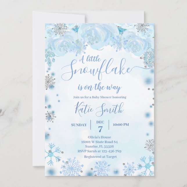 Invitation Blue Little Snowflake Sur Le Chemin Baby shower (Devant)