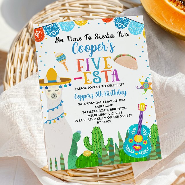 Invitation Blue Llama Taco Fiesta Cinq Esta 5e anniversaire (Boys Mexican Five-esta Fiesta 5th Birthday Invitation, Fiesta 5th Birthday Invitation For Boy, llama)