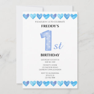Invitation Blue Love Hearts 1er Anniversaire Photo