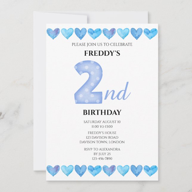 Invitation Blue Love Hearts 2e anniversaire Photo (Devant)