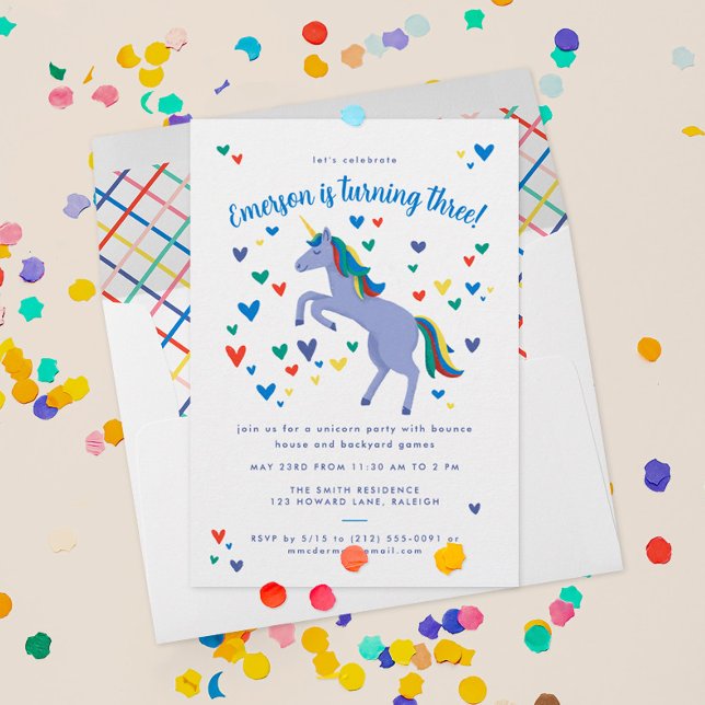 Invitation Blue Magic Arc-en-ciel Unicorn Anniversaire (this magical birthday party invitation has a pastel blue unicorn custom text and lots of hearts)