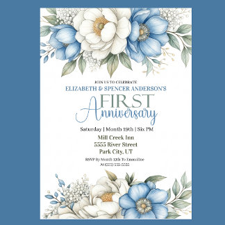 Invitation Blue Magnolia and Peony 1st Wedding Anniversary