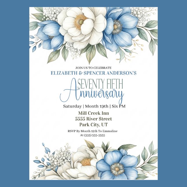 Invitation Blue Magnolia and Peony 75th Wedding Anniversary (Blue and white magnolia and peony floral 75th wedding anniversary invitation )