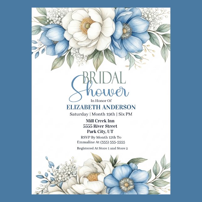 Invitation Blue Magnolia and Peony Flower Bridal Shower (Blue and white magnolia and peony floral Bridal Shower invitation )