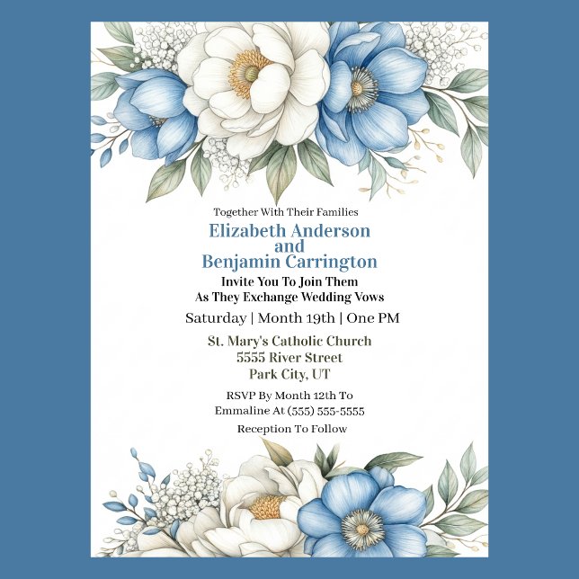 Invitation Blue Magnolia and Peony Flower Wedding (Blue and white magnolia and peony floral wedding invitation with elegant botanical design
)