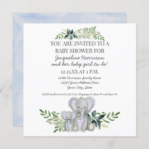Invitation Blue maman n Baby Elephant w Foliage Garçon Douche