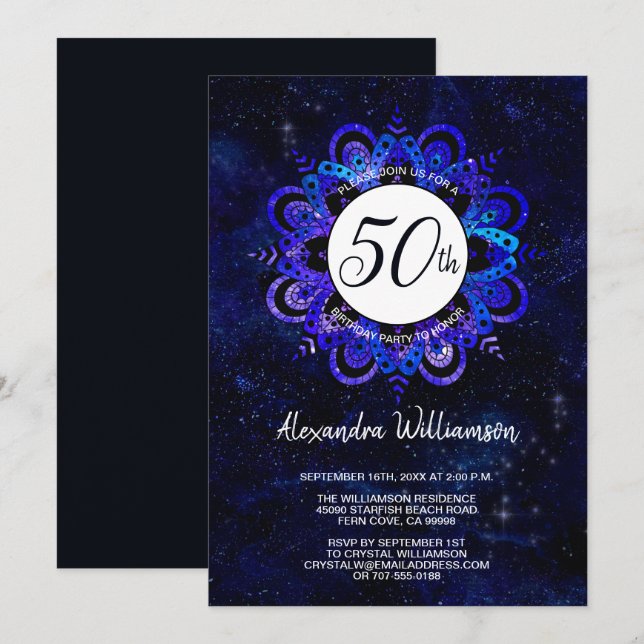 Invitation Blue Mandala Space Stars Boho 50e fête d'anniversa (Devant / Derrière)