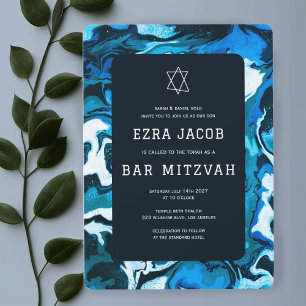 Invitation Blue Marble Star de David Custom Bar Bat mitzvah