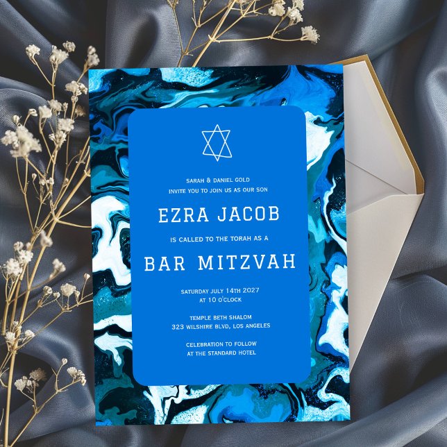 Invitation Blue Marble Star de David Custom Bar Bat mitzvah (Blue Marble Swirls Star of David Custom Bar Bat Mitzvah Invitation
)