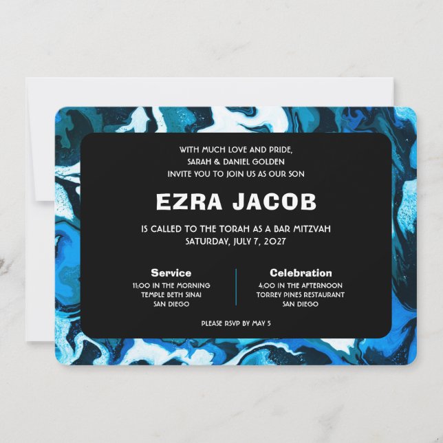 Invitation Blue Marble Star de David Custom Bar Bat mitzvah (Devant)
