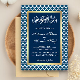 Invitation Blue Marocain Quatrefoil Motif Mariage islamique