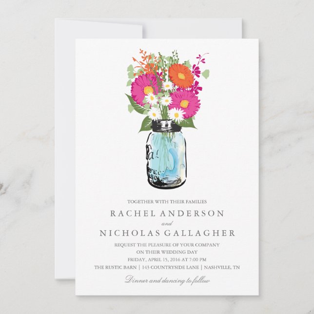Invitation Blue Mason Jar et Gerber Daisies Mariage (Devant)
