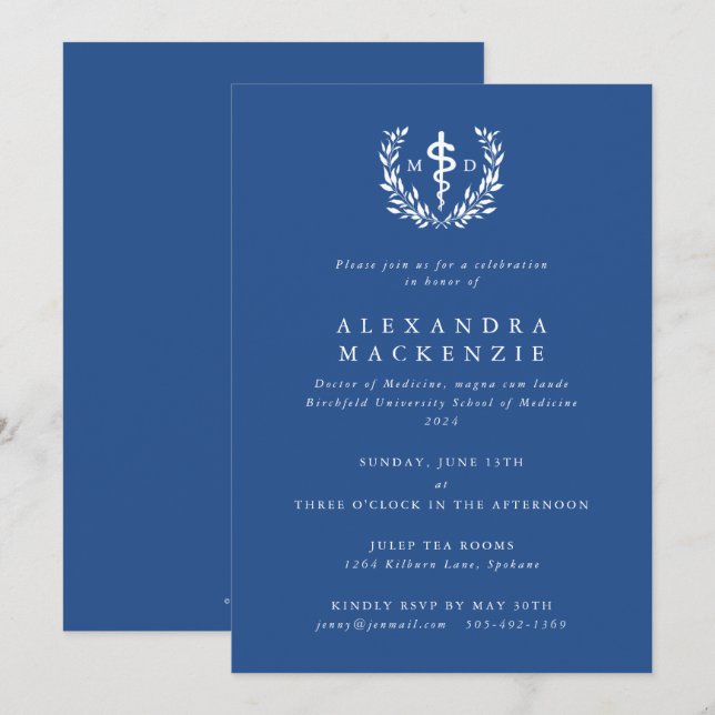 Invitation Blue MD Asclepius + Laurel Wreath Graduation (Devant / Derrière)