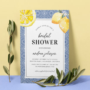 Invitation Blue Mediterranean Tile Lemon Simple Bridal Shower