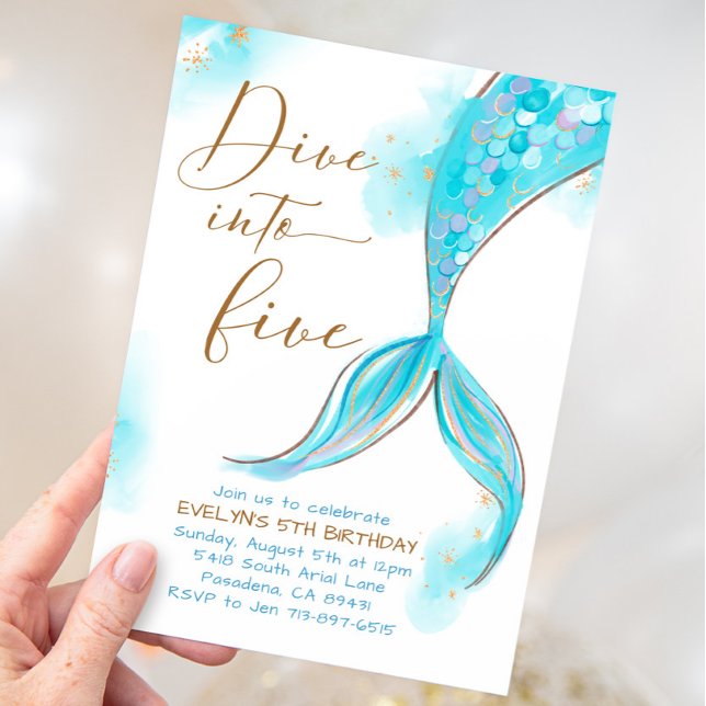 Invitation Blue Mermaid Dive into Five 5th Birday Party (Créateur téléchargé)