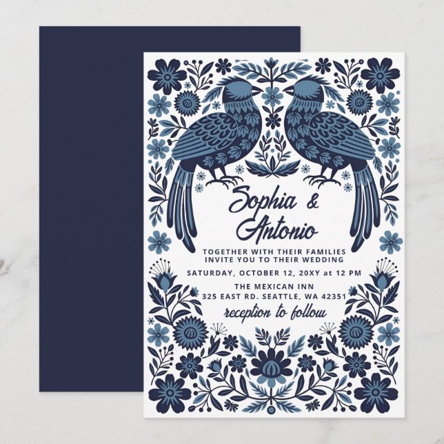 Invitation Blue Mexican Birds Otomi Floral Fiesta Wedding (Devant / Derrière)