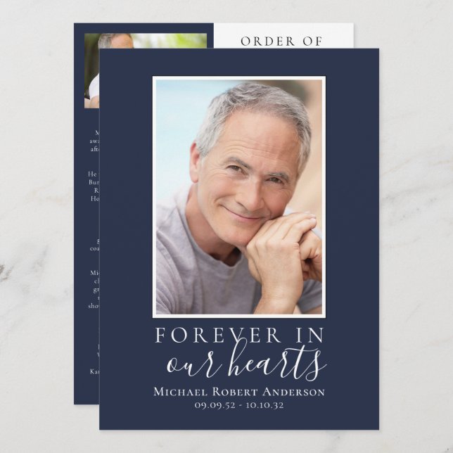 Invitation Blue Minimalist Photo Memorial Service Program (Devant / Derrière)