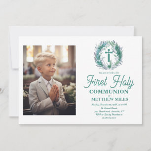 Invitation Blue Minimaliste florale première communion cathol