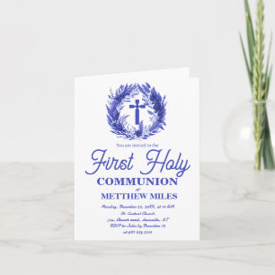Invitation Blue Minimaliste florale première communion cathol