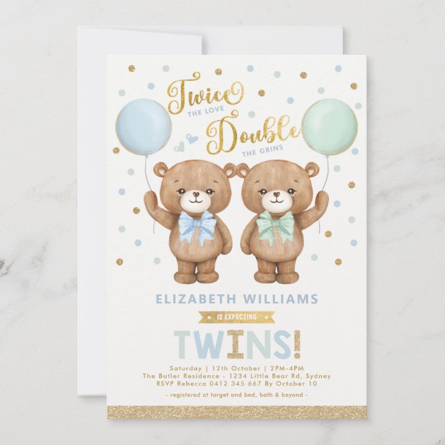 Invitation Blue Mint Teddy Bear Balloon Twin Boy Baby shower (Devant)
