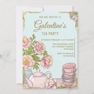 Invitation Blue Mint Vintage Floral Galentine's Day Tea Party