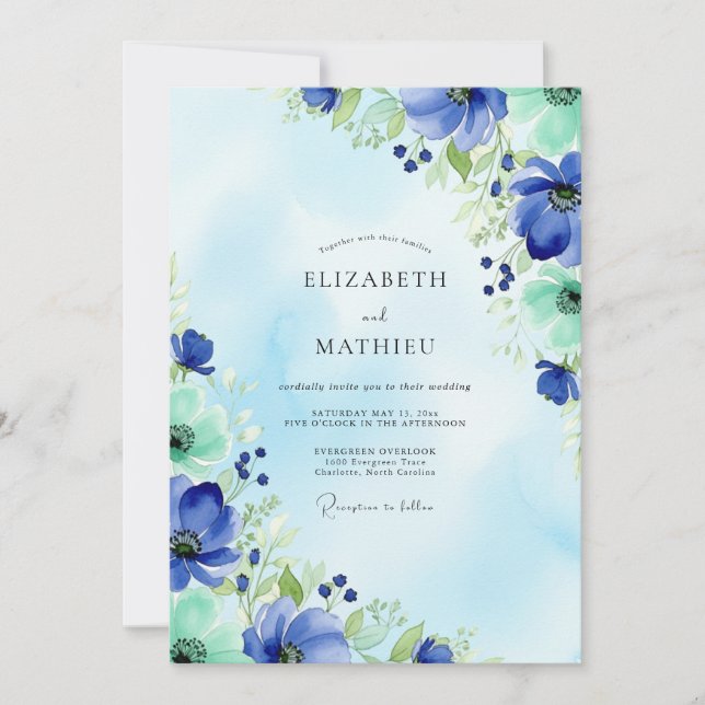 Invitation Blue Mint Watercolor Spring Wedding (Devant)