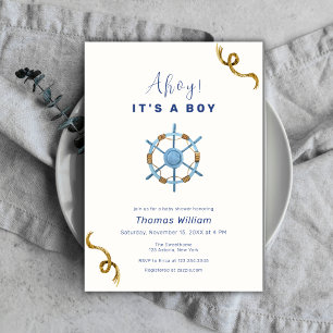 Invitation Blue Modern Ahoy C'est un garçon Baby shower nauti