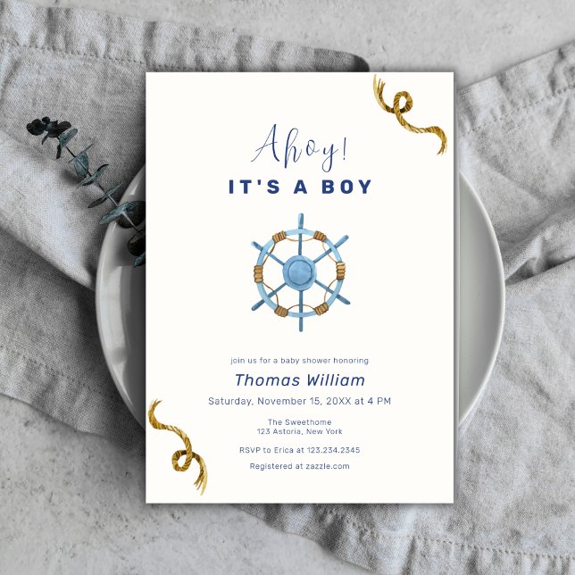 Invitation Blue Modern Ahoy C'est un garçon Baby shower nauti (Blue Modern Ahoy It's A Boy Nautical Baby Shower Invitation)