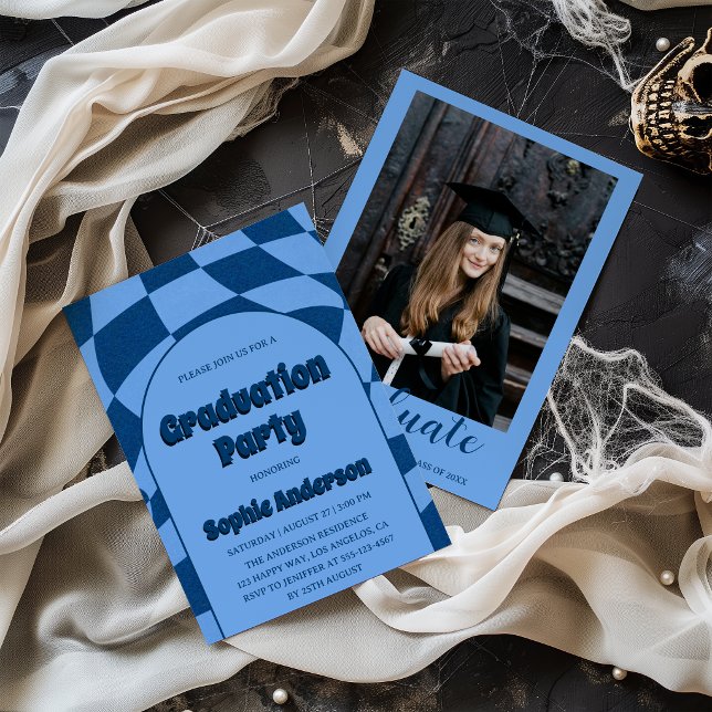 Invitation Blue Modern Arch with Photo Graduation Party  (Créateur téléchargé)