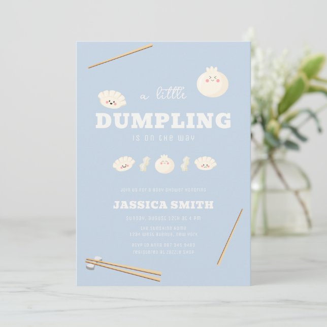 Invitation Blue Modern Kawaii Bao Dumpling Baby Shower  (Debout devant)
