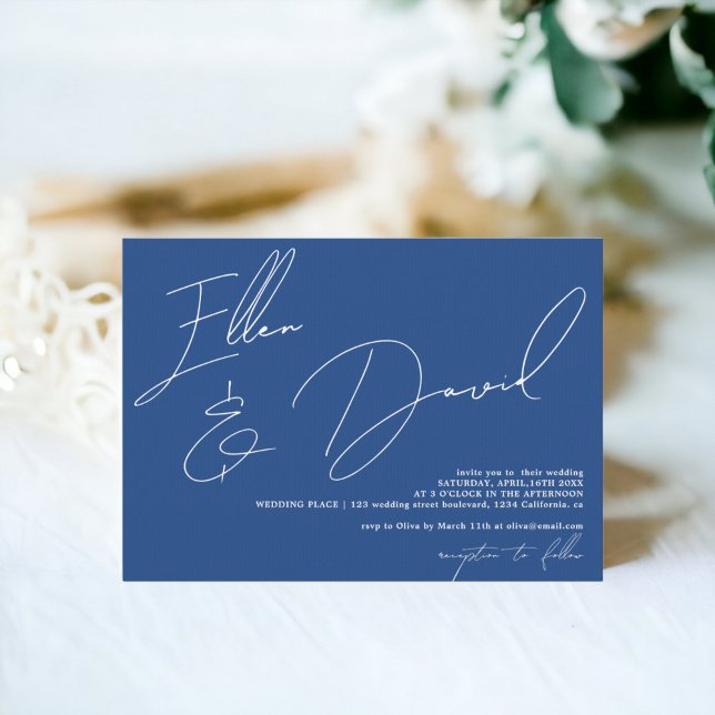 Invitation Blue Modern noms script calligraphie mariage (Modern names script calligraphy blue wedding invitation on blue)