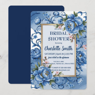 Invitation Blue Modern Peony douche de mariée antique