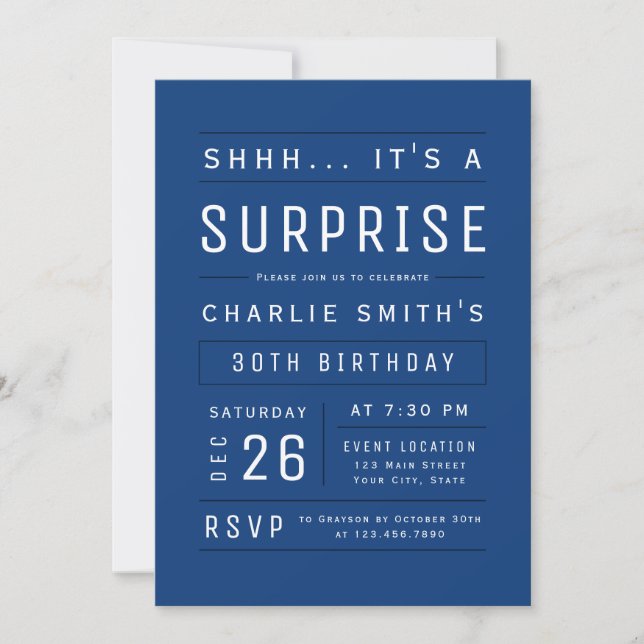 Invitation Blue Modern Typographie simple Surprise Anniversai (Devant)