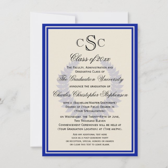 Invitation Blue Monogram Laurel Classic College Graduation (Devant)